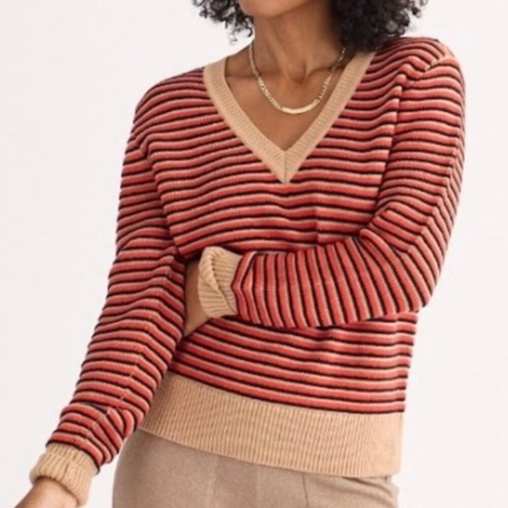 CABI | Orange Black Tan Striped V-Neck Sweater Jazz Pullover Knit | Size Small